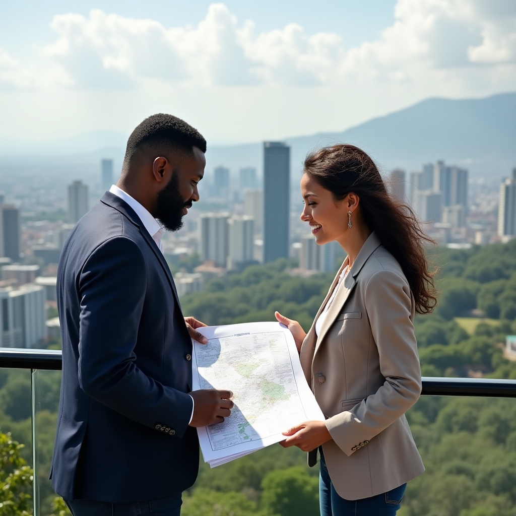 Dois profissionais planejando crescimento empresarial em terraço urbano